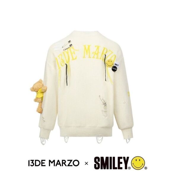 13De Marzo x Smiley Broken Suture Pin Knit White Dress SweaterCrew  Size S-L - Picture 9 of 16